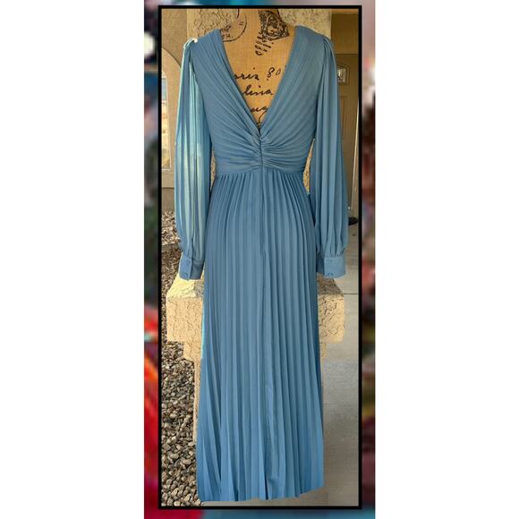 Lulus Slate Blue Pleated Long Sleeve Sophisticated Grace Maxi Dress Size S - Picture 4 of 10